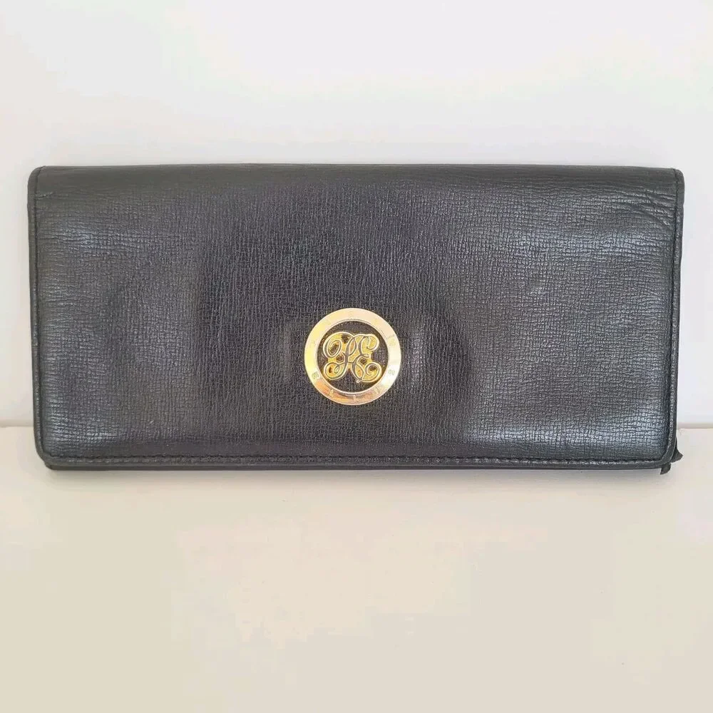 Perry Ellis Bifold Leather Black Wallet Long Slim Envelope Logo Card Check Holde